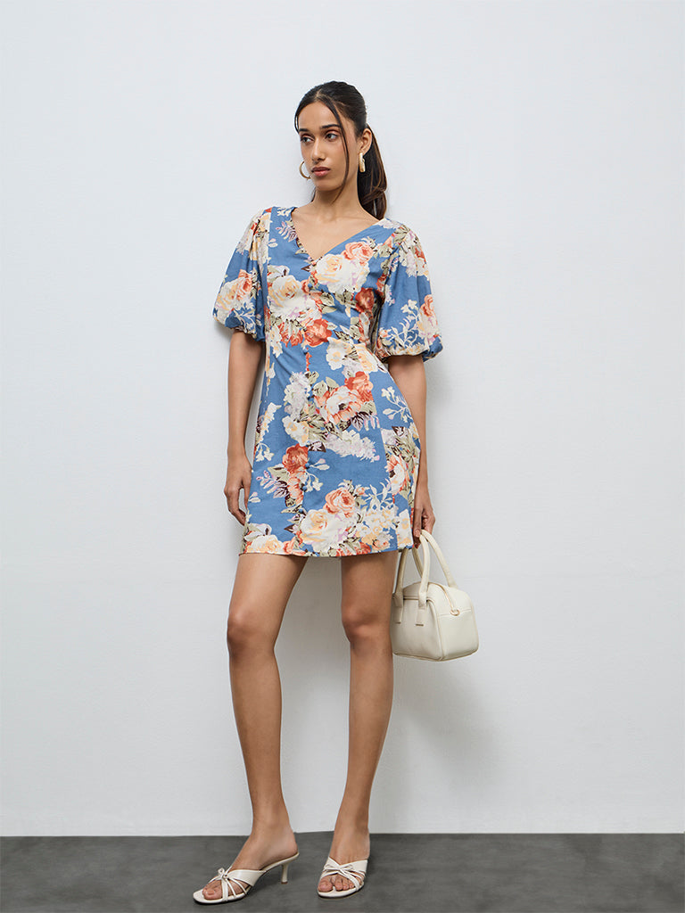 LOV Dusty Blue Floral Pattern A-Line Dress