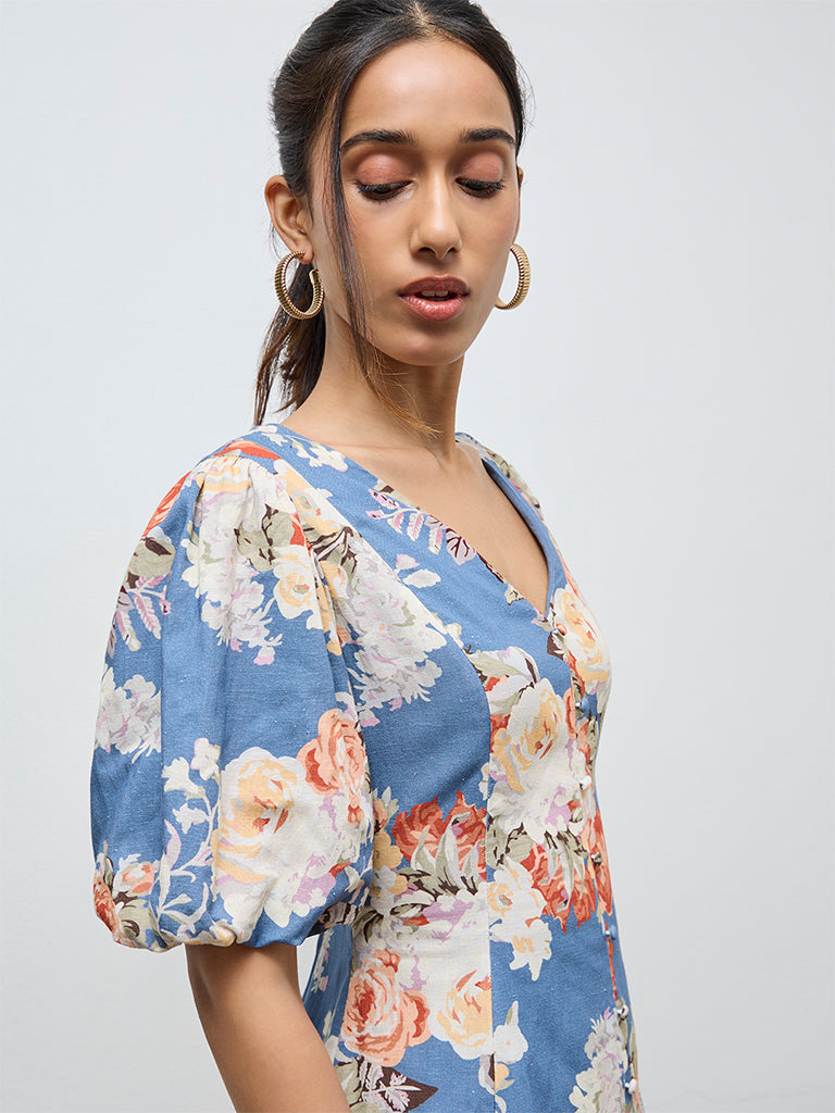 LOV Dusty Blue Floral Pattern A-Line Dress