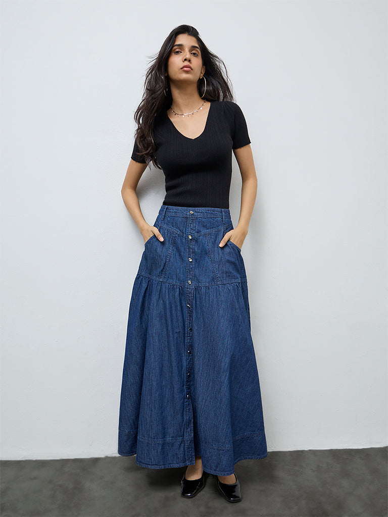 LOV Dark Blue High-Rise Denim Skirt