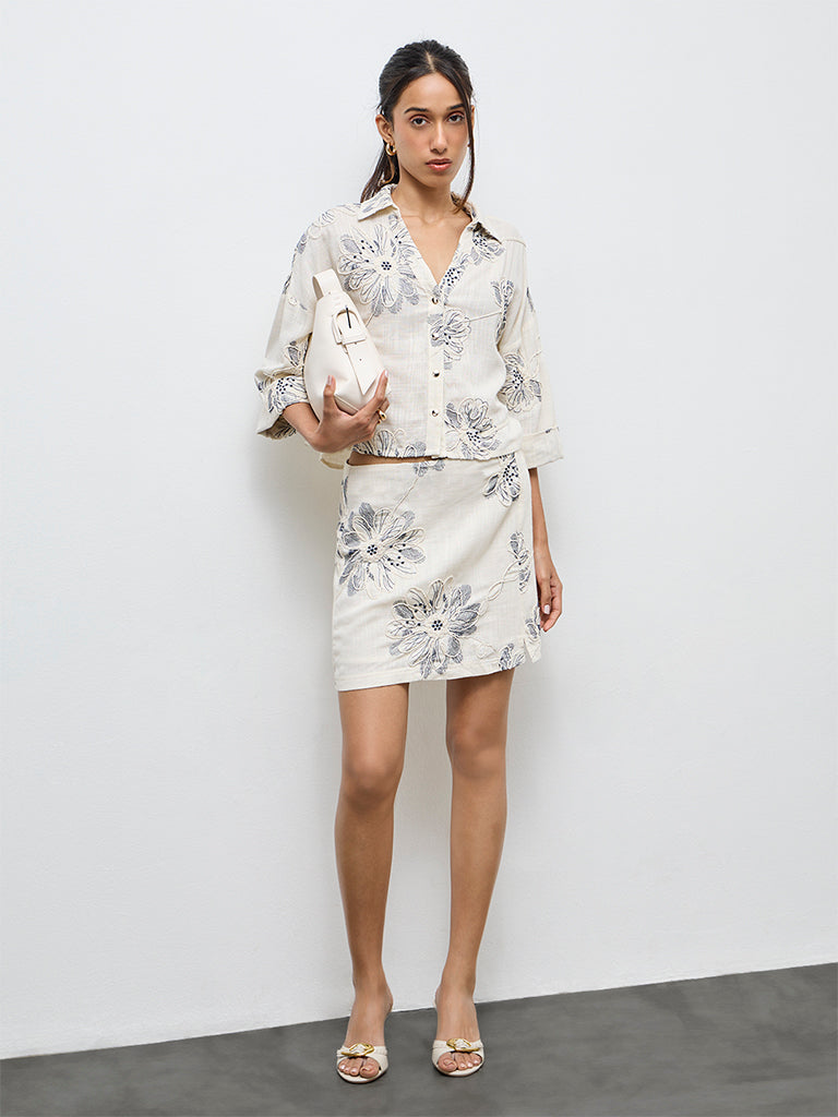 LOV Off-White Floral Embroidered High-Rise Skirt