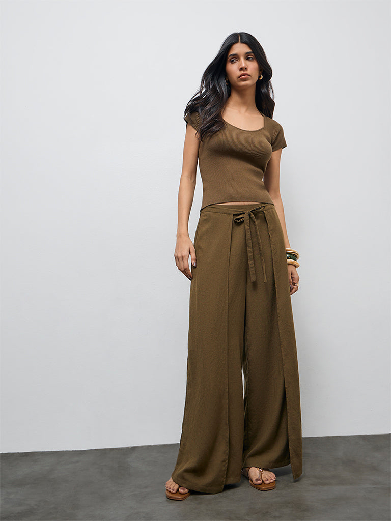 LOV Olive High-Rise Wide-Leg Trousers