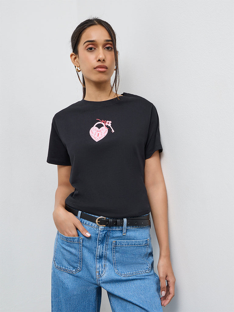 LOV Black Graphic Cotton T-Shirt