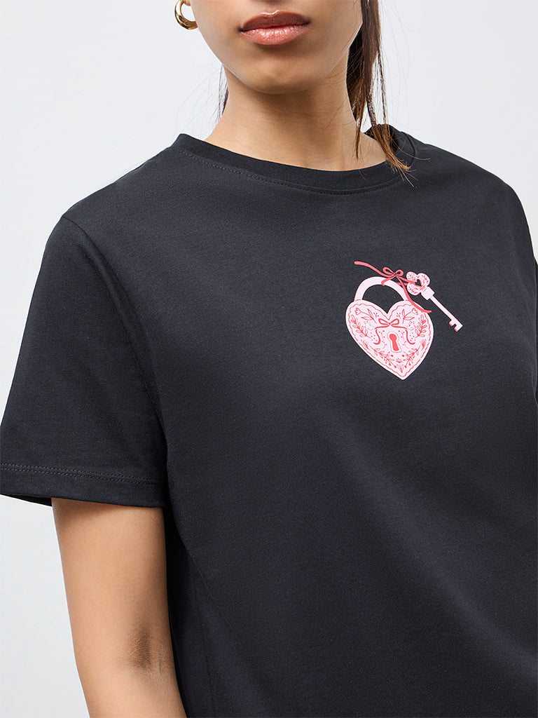 LOV Black Graphic Cotton T-Shirt