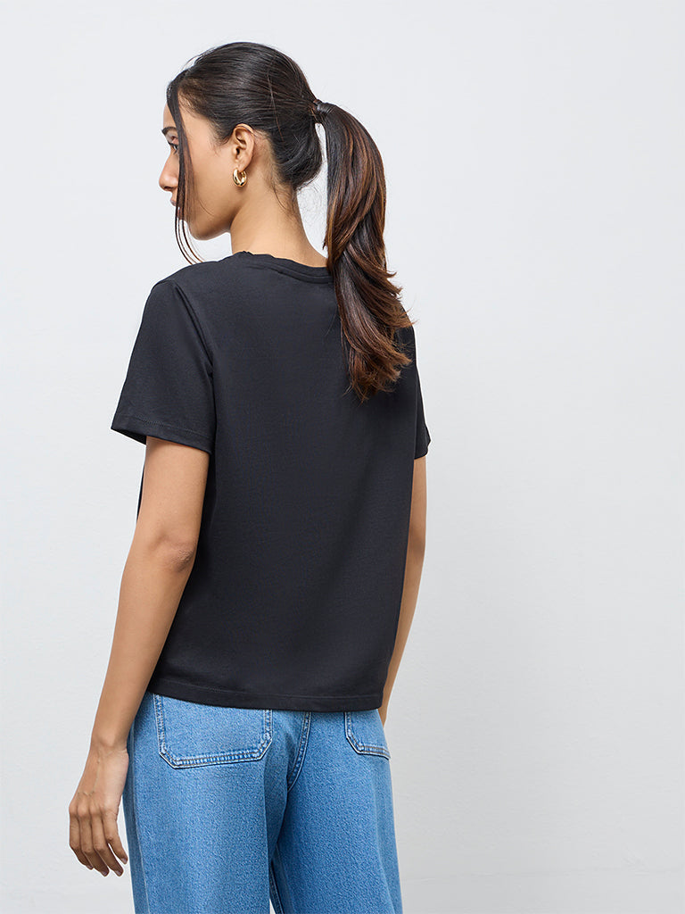 LOV Black Graphic Cotton T-Shirt