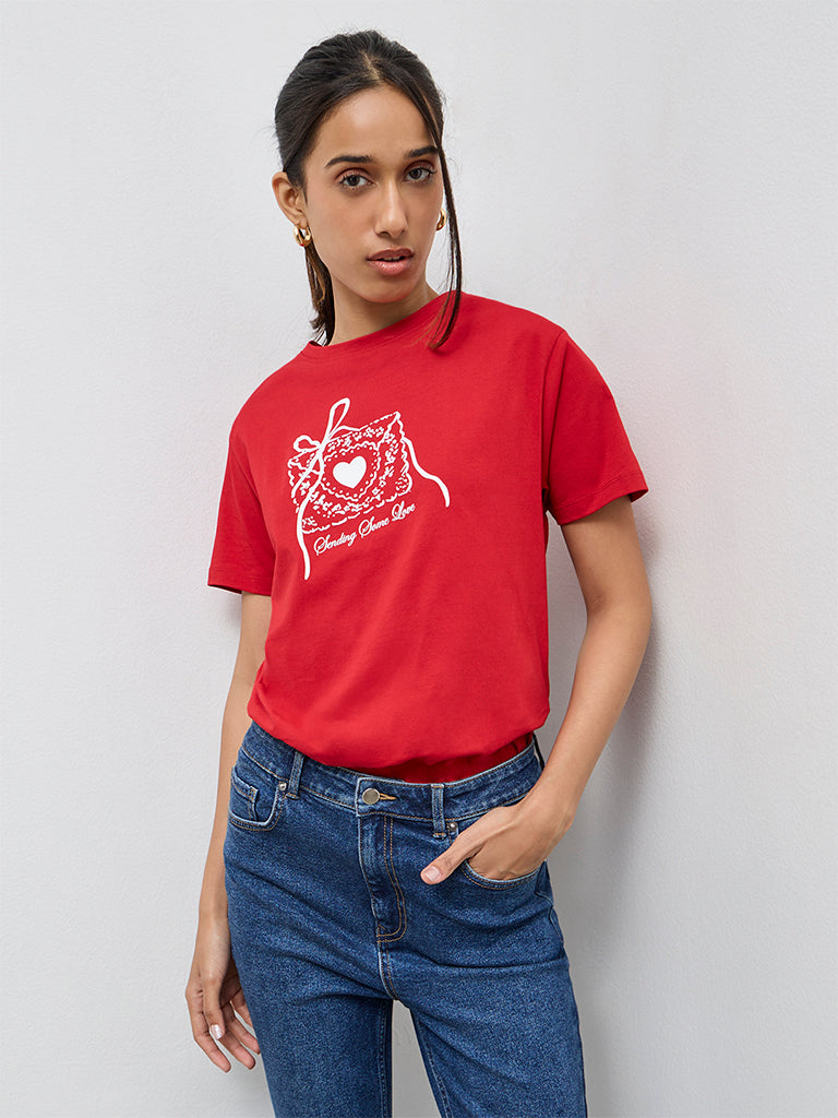 LOV Red Graphic Cotton T-Shirt