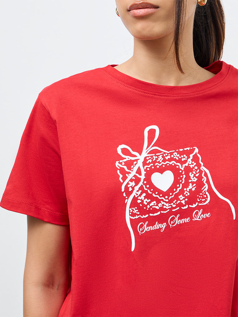 LOV Red Graphic Cotton T-Shirt
