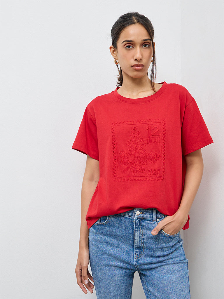 LOV Red Embroidered Cotton T-Shirt