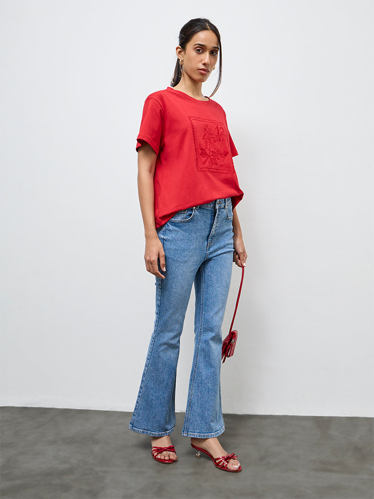 LOV Red Embroidered Cotton T-Shirt