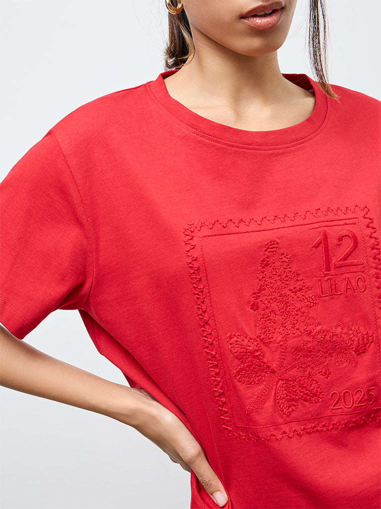 LOV Red Embroidered Cotton T-Shirt