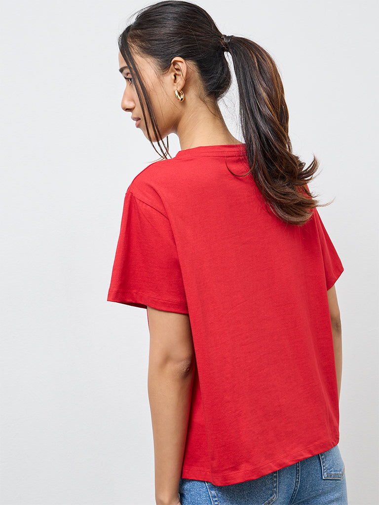 LOV Red Embroidered Cotton T-Shirt