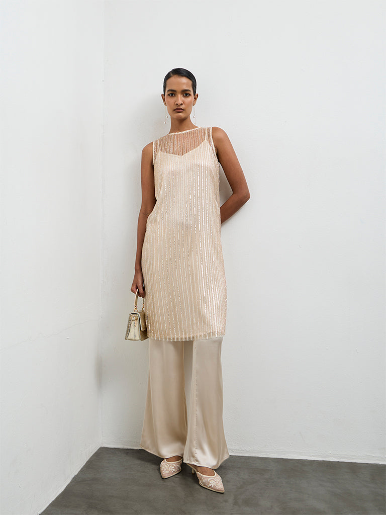 Vark Ivory Embellished Straight Ethnic Set with a Camisole