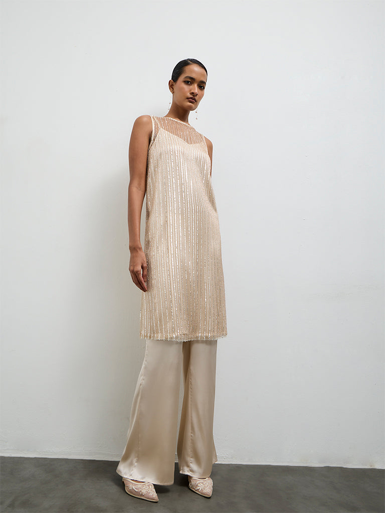 Vark Ivory Embellished Straight Ethnic Set with a Camisole