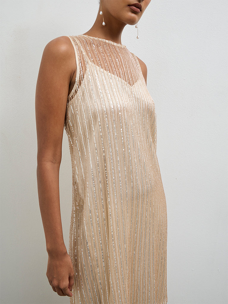 Vark Ivory Embellished Straight Ethnic Set with a Camisole