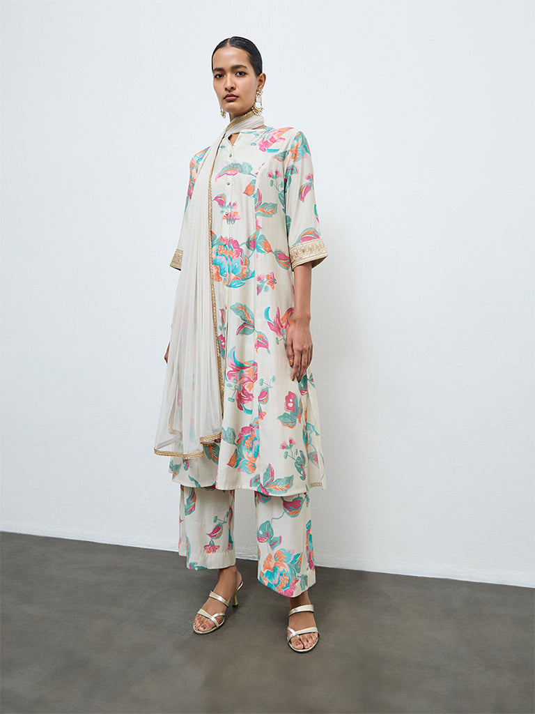 Vark Light Taupe Floral Pattern A-Line Ethnic Set