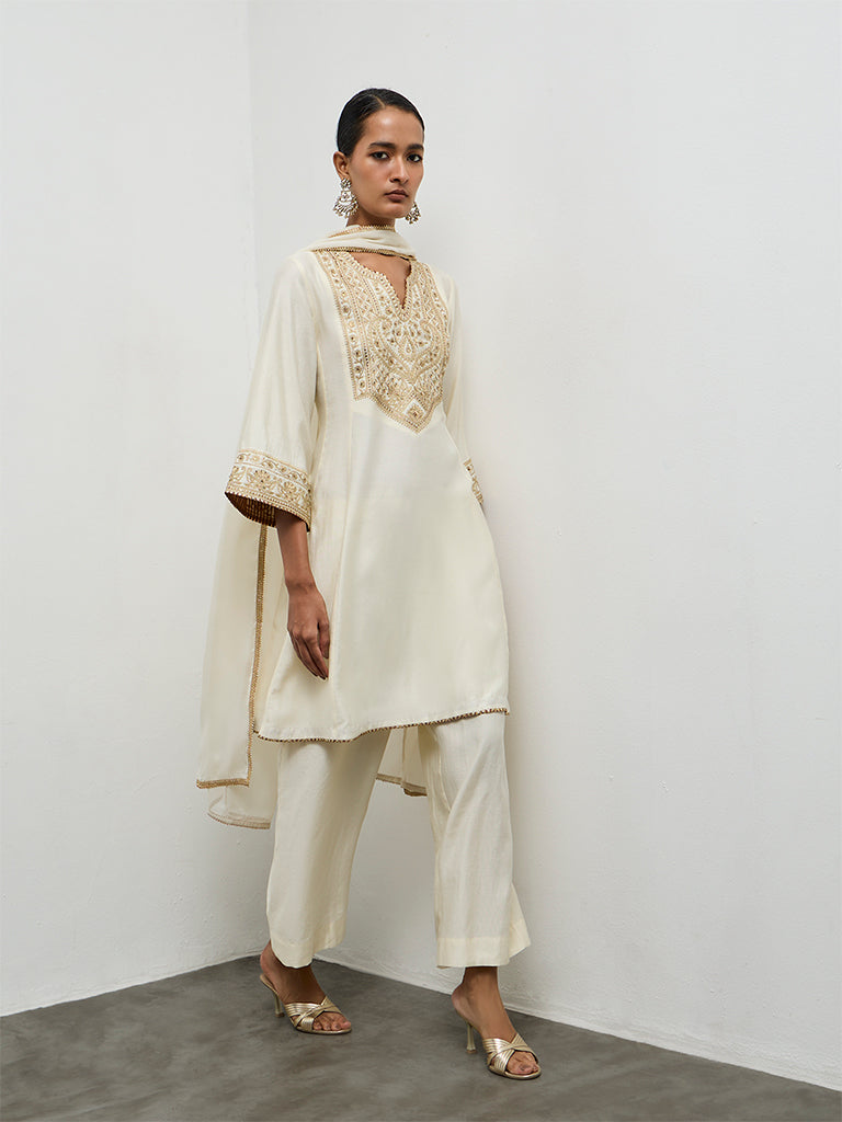 Vark Off-White Embroidered A-Line Ethnic Set
