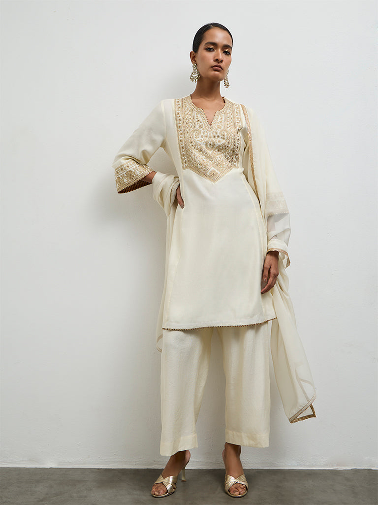 Vark Off-White Embroidered A-Line Ethnic Set