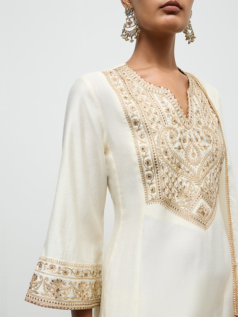 Vark Off-White Embroidered A-Line Ethnic Set