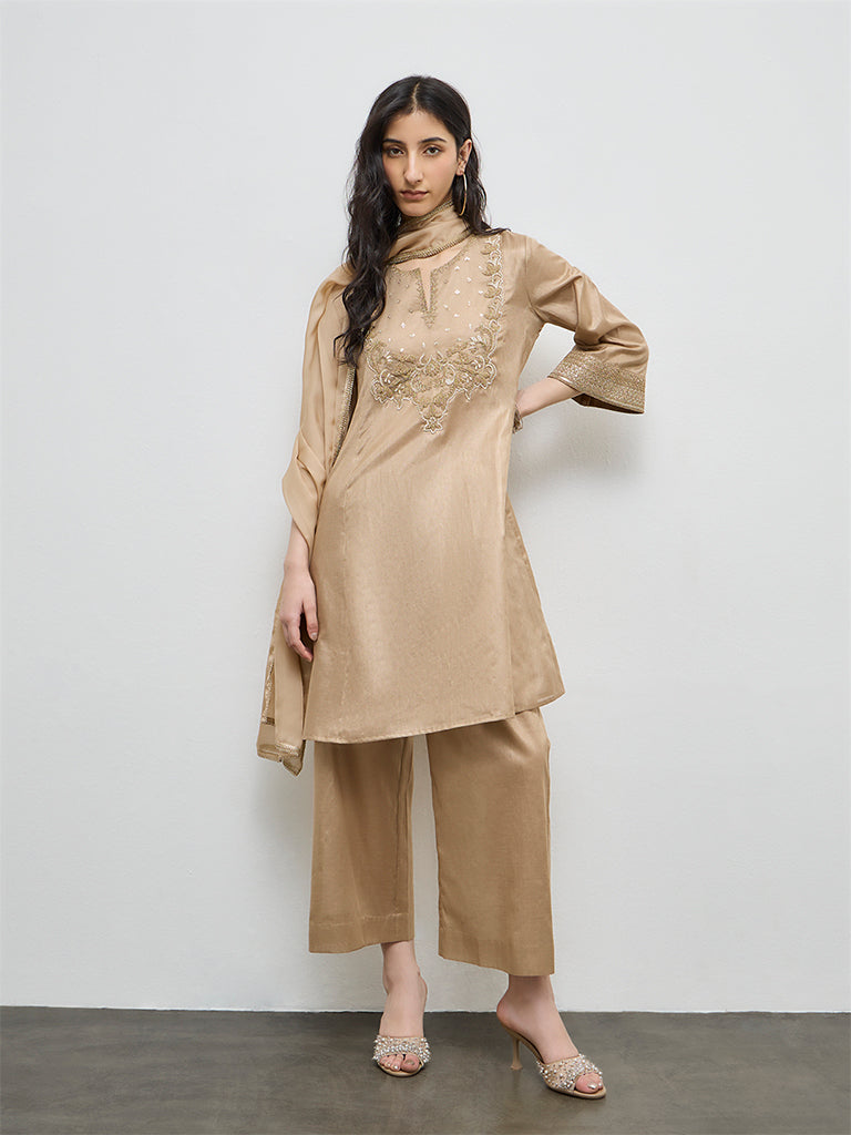 Vark Gold Embroidered Cotton-Blend A-Line Ethnic Set