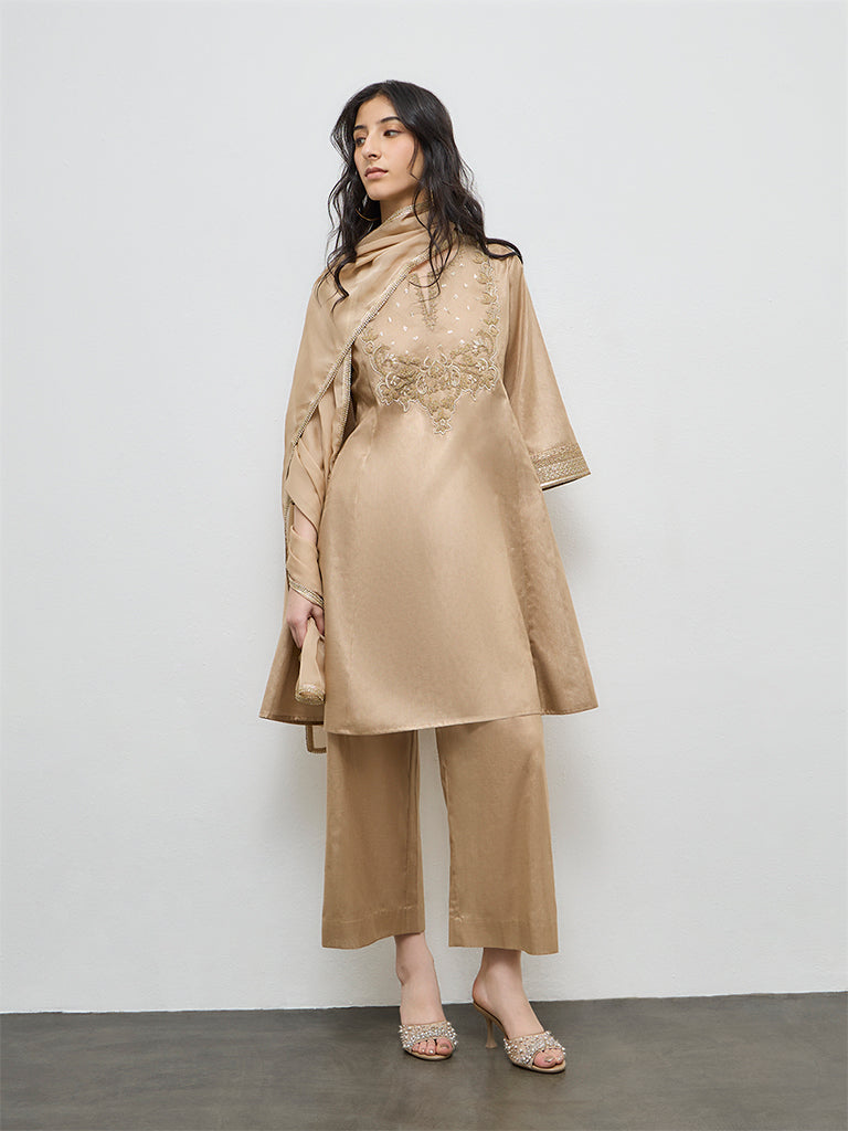 Vark Gold Embroidered Cotton-Blend A-Line Ethnic Set