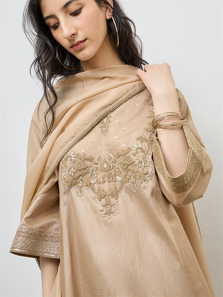 Vark Gold Embroidered Cotton-Blend A-Line Ethnic Set