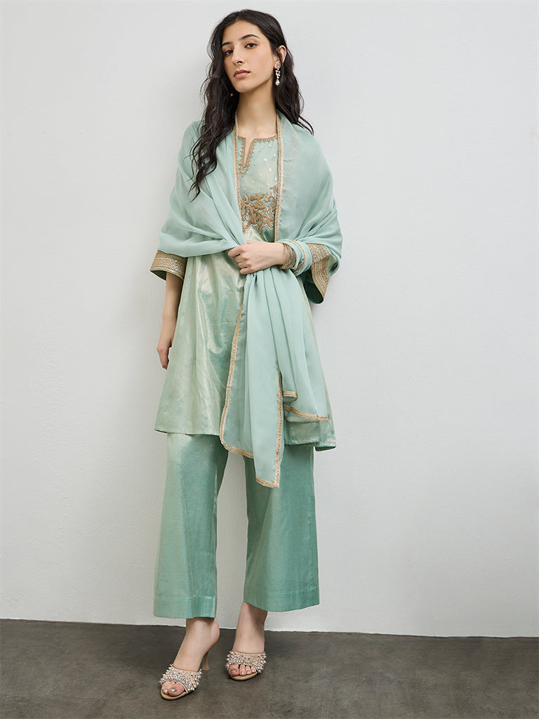 Vark Teal Embroidered Cotton-Blend A-Line Ethnic Set