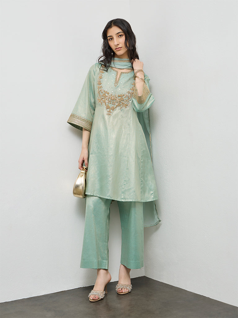 Vark Teal Embroidered Cotton-Blend A-Line Ethnic Set