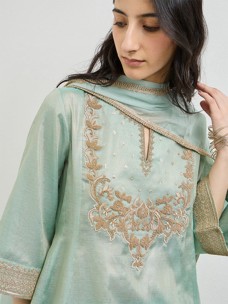 Vark Teal Embroidered Cotton-Blend A-Line Ethnic Set