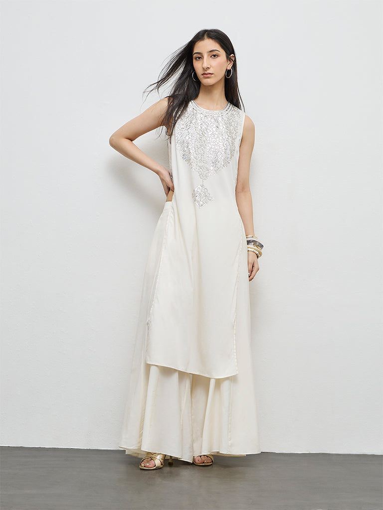 Vark Off-White Embroidered A-Line Ethnic Set