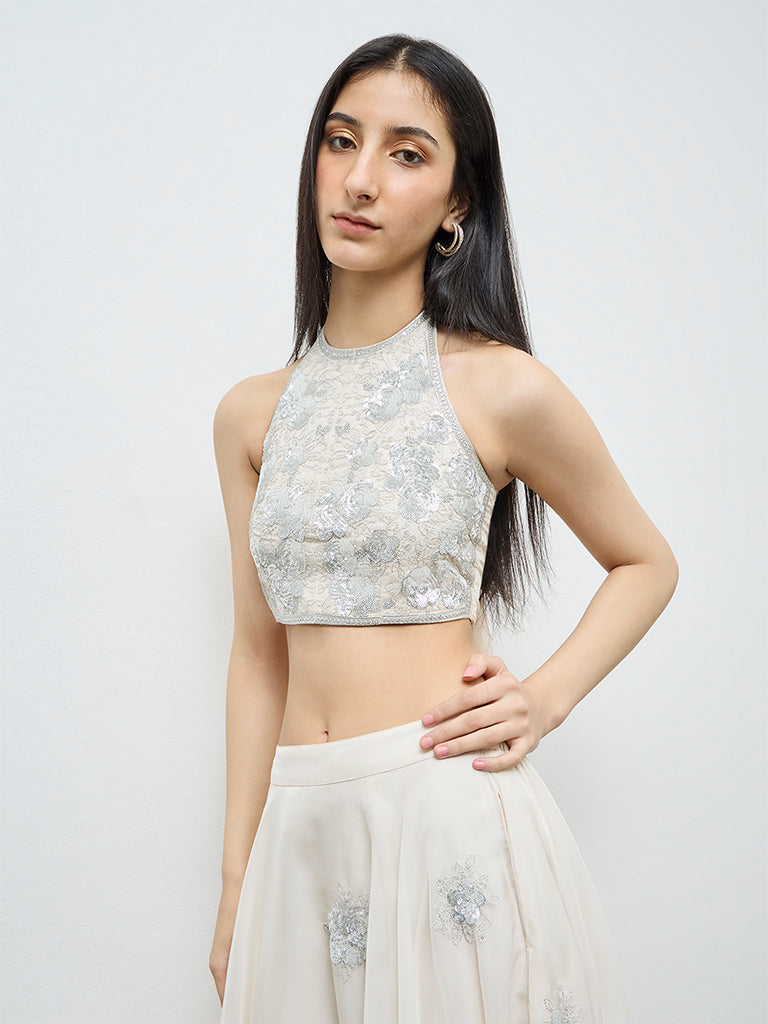 Vark Off-White Floral Embellished Top