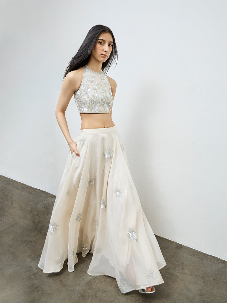 Vark Off-White Floral Embellished Top