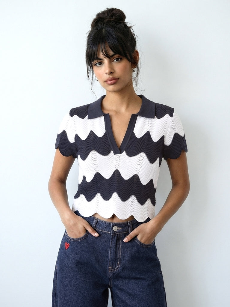 Nuon White Striped Knitted Cotton-Blend Top