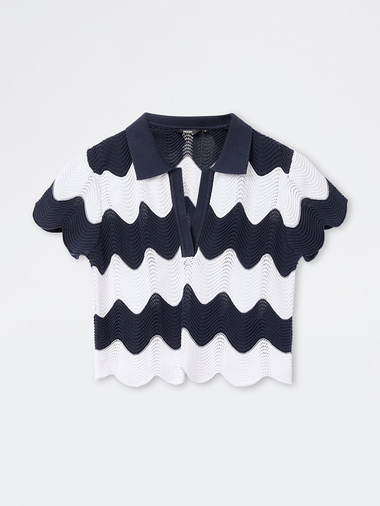 Nuon White Striped Knitted Cotton-Blend Top
