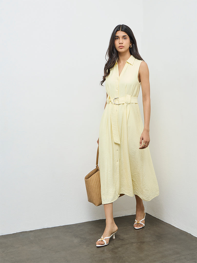 LOV Light Yellow Solid Shirt Dress