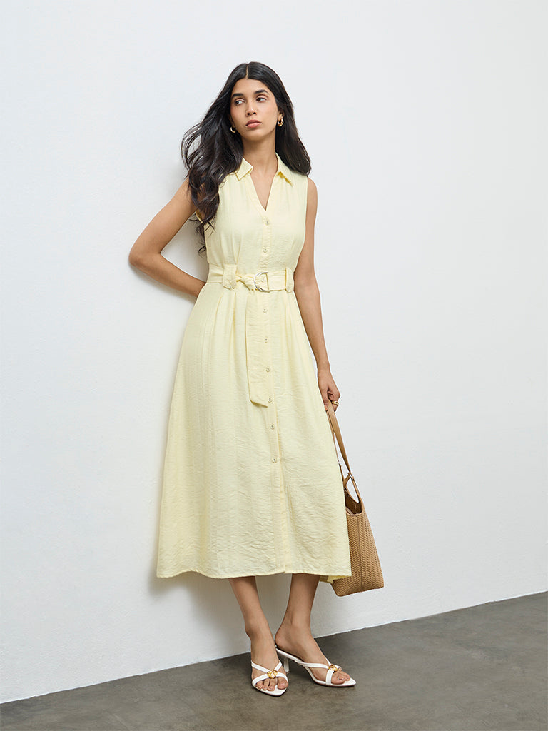 LOV Light Yellow Solid Shirt Dress