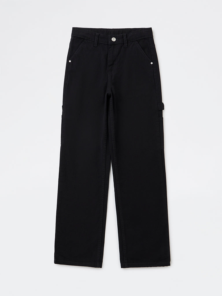 Boys Black Solid Mid-Rise Denim Trousers