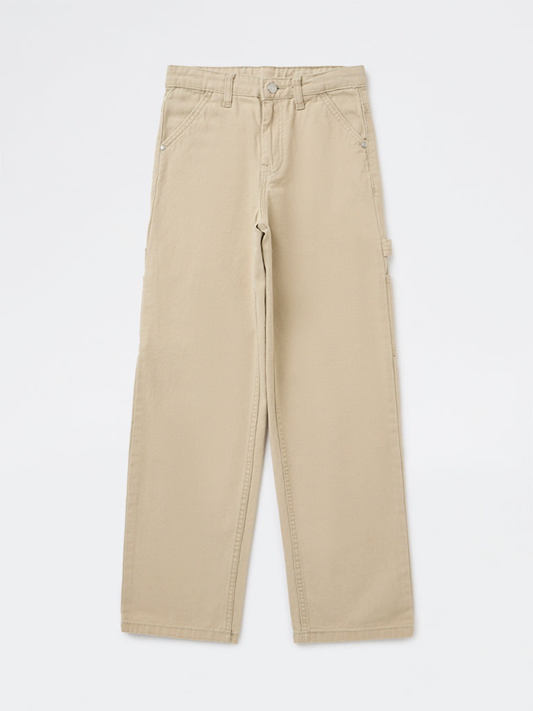 Boys Beige Solid Mid-Rise Denim Trousers