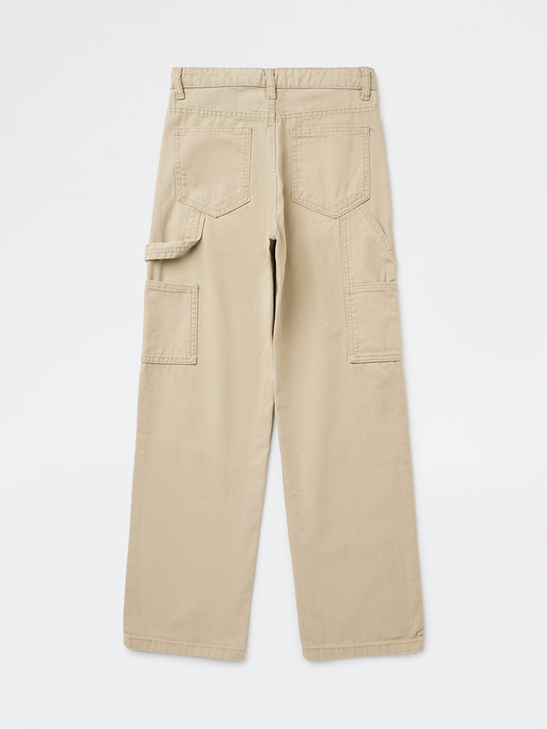 Boys Beige Solid Mid-Rise Denim Trousers