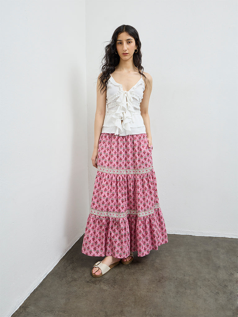 Bombay Paisley Pink Floral Pattern Cotton Maxi Skirt