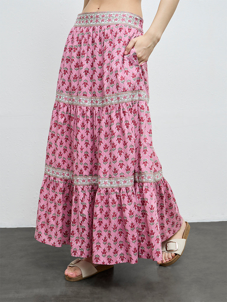 Bombay Paisley Pink Floral Pattern Cotton Maxi Skirt