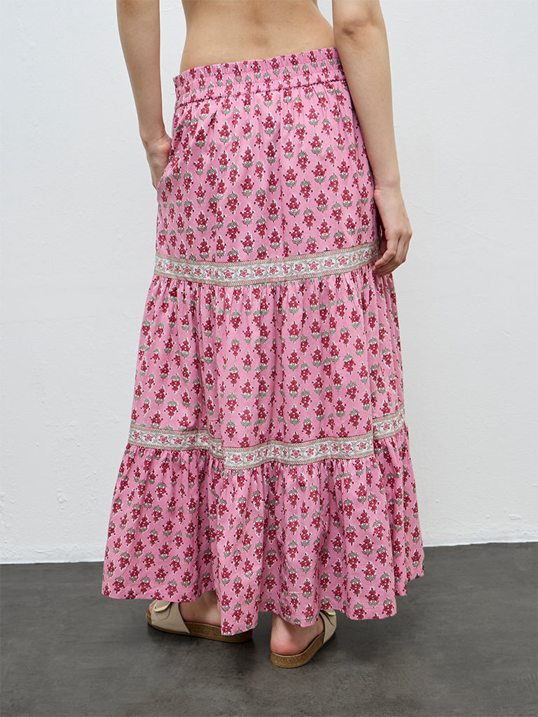 Bombay Paisley Pink Floral Pattern Cotton Maxi Skirt