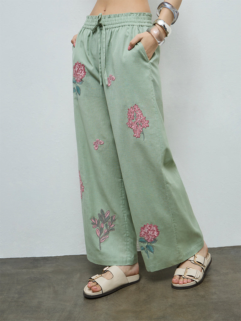 Bombay Paisley Sage Floral Embroidered Cotton-Blend Palazzos