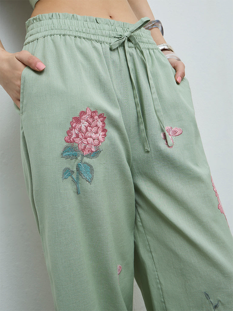 Bombay Paisley Sage Floral Embroidered Cotton-Blend Palazzos