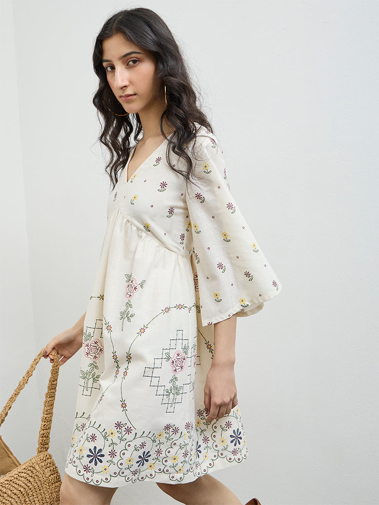 Bombay Paisley Off-White Floral Cotton-Blend A-Line Dress
