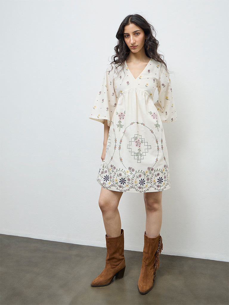 Bombay Paisley Off-White Floral Cotton-Blend A-Line Dress