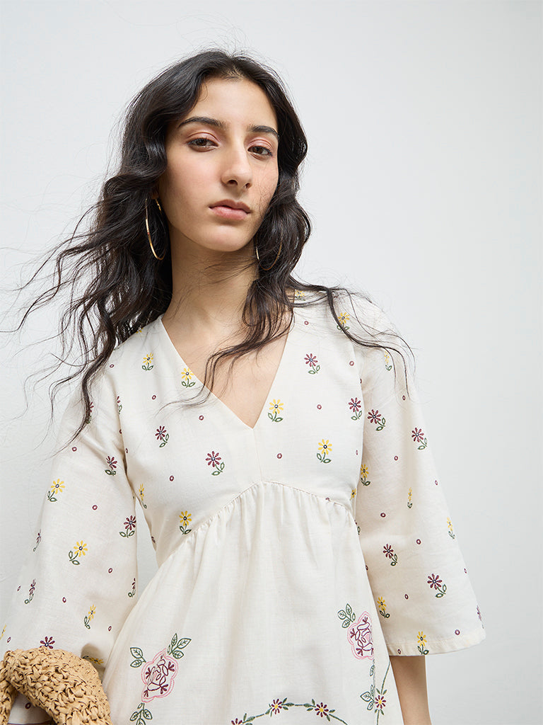 Bombay Paisley Off-White Floral Cotton-Blend A-Line Dress