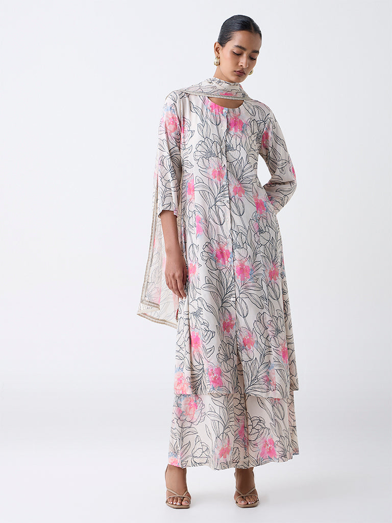 Zuba Off-White Floral Pattern A-Line Kurta
