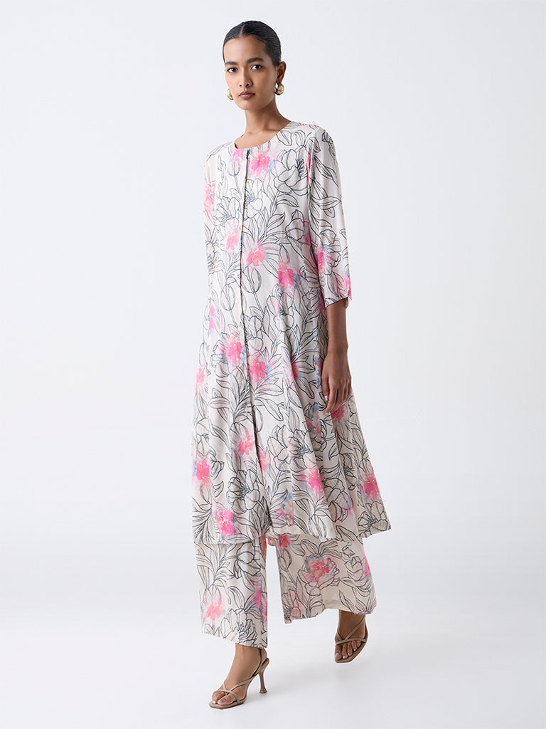 Zuba Off-White Floral Pattern A-Line Kurta