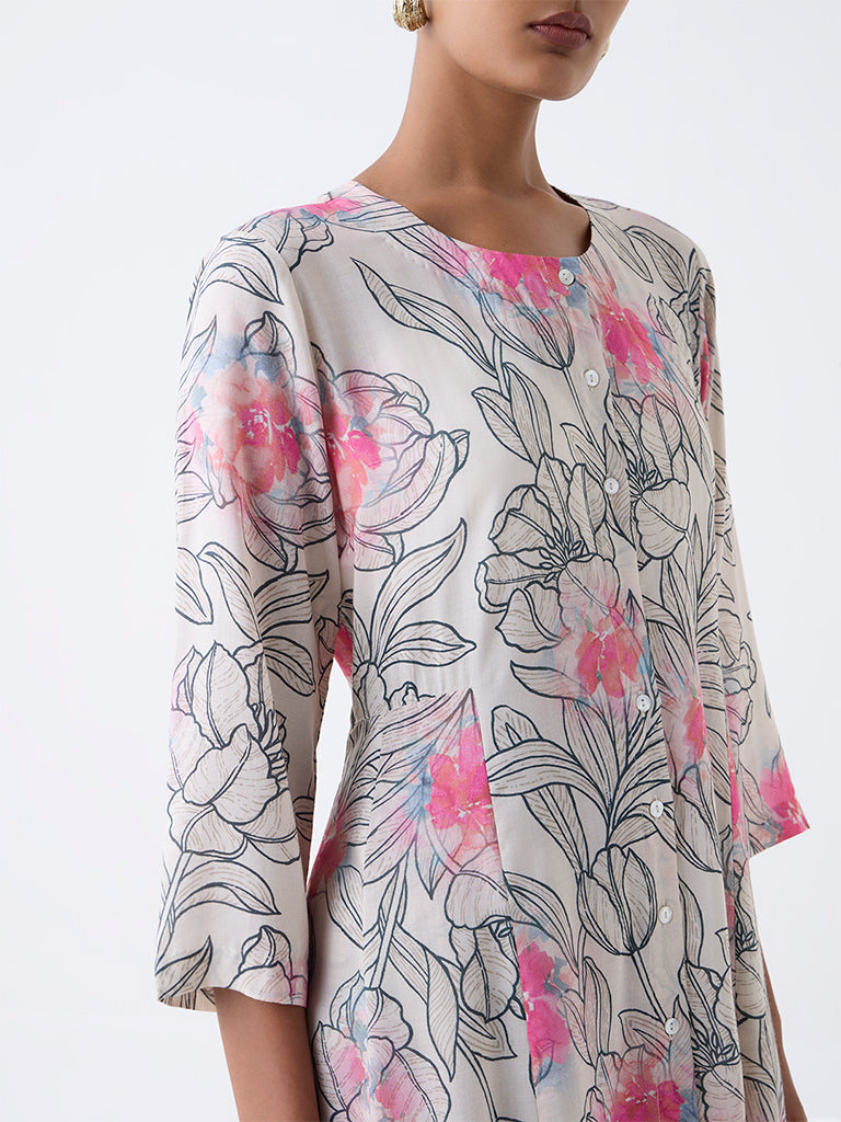 Zuba Off-White Floral Pattern A-Line Kurta
