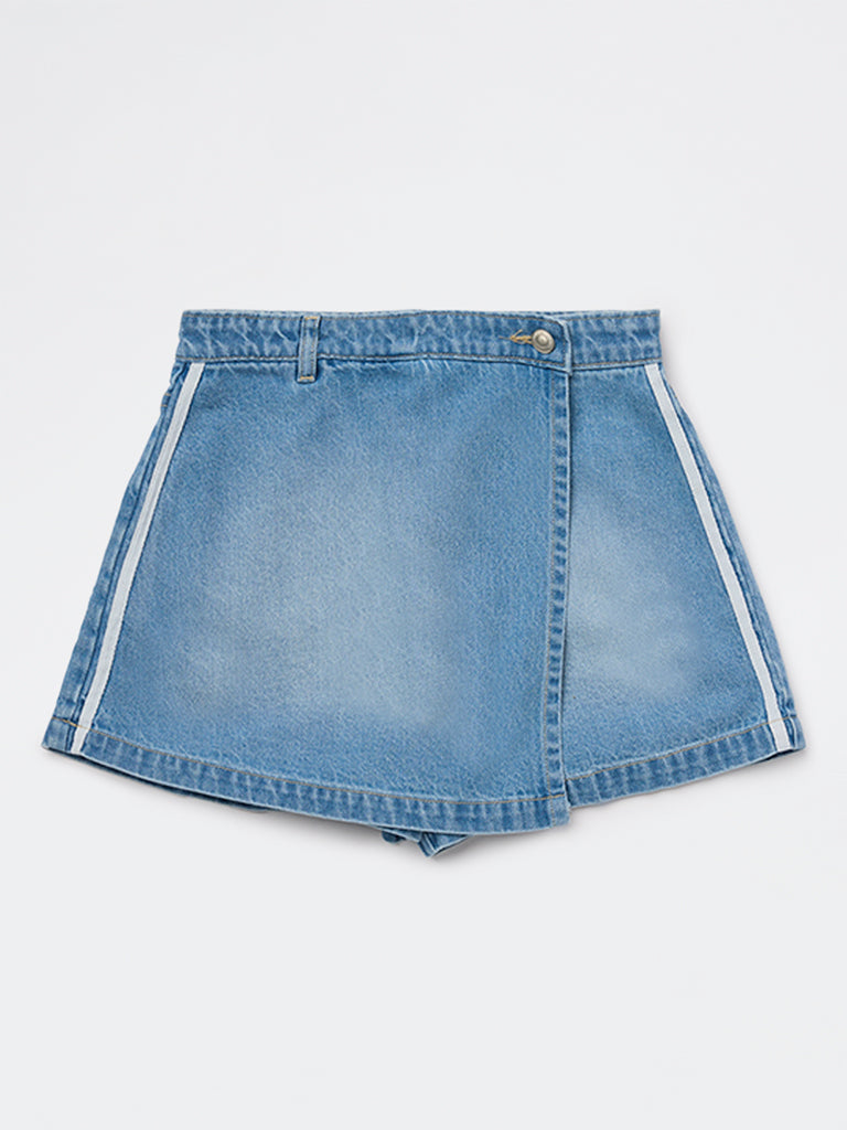 Girls Blue Faded High-Rise Denim Skorts