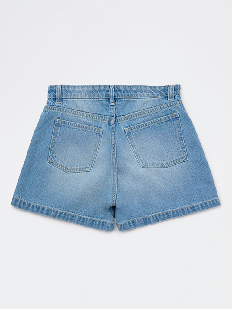 Girls Blue Faded High-Rise Denim Skorts